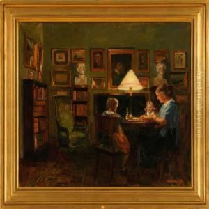 Interior With A Mother And Her Two Daughters Playing Ludo by Henrik Schouboe