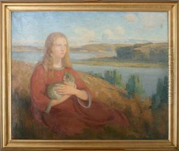 Girl With A Cat Seated In A Landscape - view 1