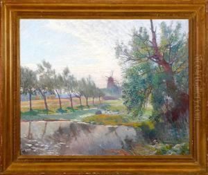 A Landscape Scenery With A Wind Mill by Henrik Schouboe