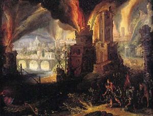 Scene De Nuit Avec Un Incendie De Ville by Pieter Schoubroeck