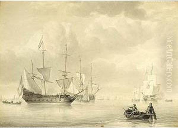 Ships At Anchor With Two Men In A Boat Fishing In The Foreground - view 1