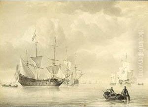 Ships At Anchor With Two Men In A Boat Fishing In The Foreground