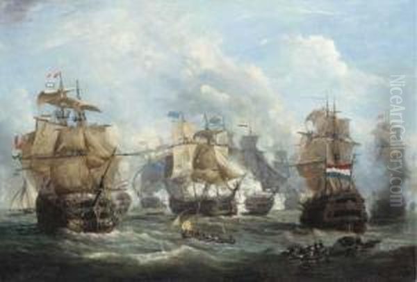The English Flagship Venerable
Engaging The Dutch Flagship Vrijheidat The Battle Of Camperdown, 11th
October 1797; The Dutch Shipsstaten-generaal And Admiral De Vries To The
Left And Rightrespectively - view 1