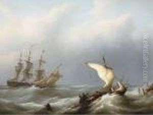 Dutch Shipping Offshore In A Heavy Swell, The Merchantman Flying Her Identification by Martinus Schouman