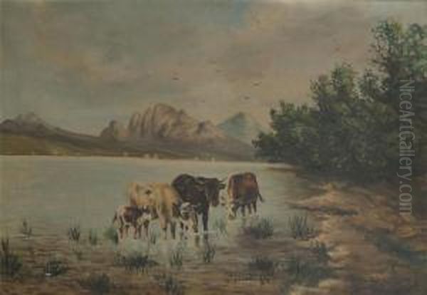 Mountainous Landscape With Cows Near The Water - view 1