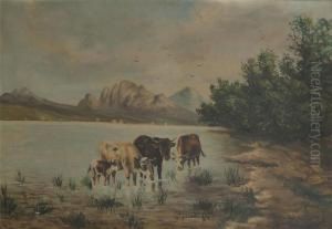 Mountainous Landscape With Cows Near The Water by Paul Henry Schouten