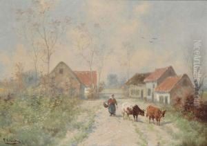 Farmer's Wife With Cows On A Country Road by Paul Henry Schouten
