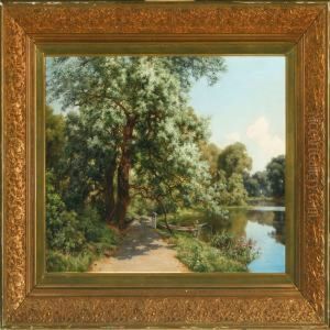 Summer Landscape With A Rowing Boat By A Stream