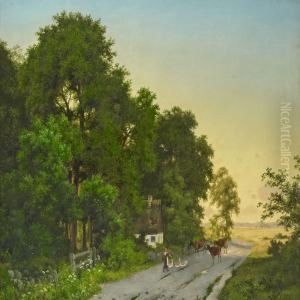 A Peasant Girl Drivingthe Geese And Catttle Back A Summer's Evening