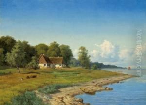 Northern European Coastal Landscape With Straw Thatched Farm House