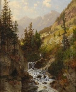 Gebirgsbach Mit Angler. by Josef Schoyerer