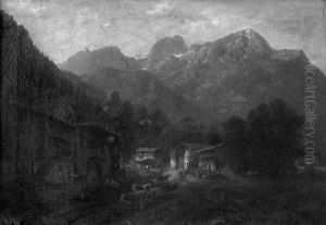 "gebirgsdorf Mit Bauern Und
Vieh". Sign. Und Bez. Munchen. Ol Auf Lwd. Besch. 77 X 109 Cm. Rahmen by Josef Schoyerer