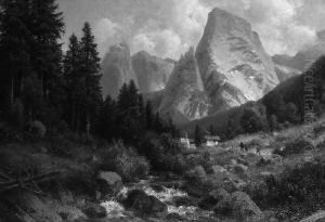 "gebirgslandschaft Mit Bachlauf". Sign. Ol Auf Lwd. Rest. 60,5 X 87 Cm. Rahmen by Josef Schoyerer