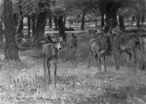 Deer In A Wooded Landscape by Rudolf Schramm-Zittau