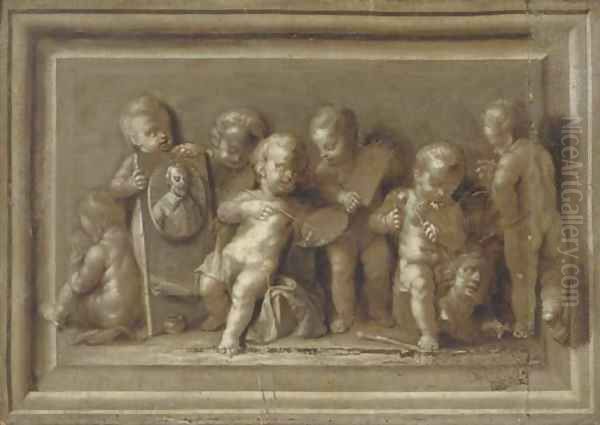 An allegory of art Putti disporting with a portrait of the artist, en grisaille - view 1