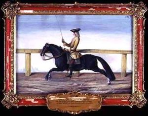 A black Spanish horse of the Spanish Riding School performing a dressage movement