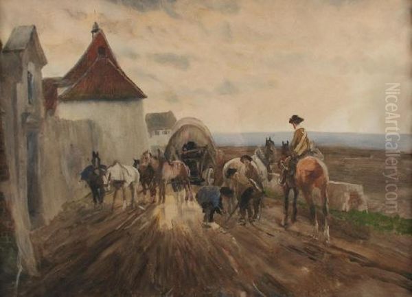 Pferdekutsche Vor Einer Alten Stadtmauer, Davor Reiter Und Personen - view 1