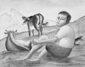 Junge Mit Kuhen by Georg Schrimpf