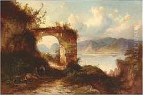 Romantic Ruins, Signed And
Indistinctly Dated, Oil On Canvas, 36 X 52.5 Cm.; 14 1/4 X 20 3/4 In - view 1