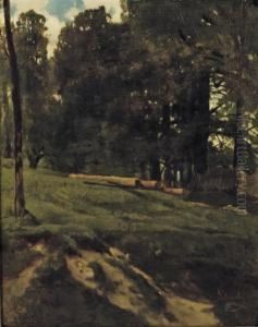 A Wooded Landscape With Cut Down Trees Lying In An Open Field by Carl Schuch
