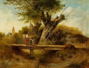 Woman And Child Crossing A Wooden Bridge by Dominik Schufried