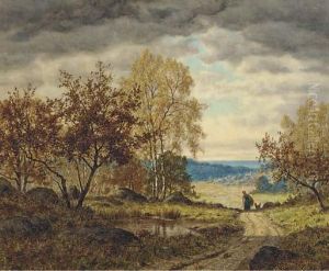 A Wooded Landscape With A Woman And Her Dog On A Path by Adrien Schulz