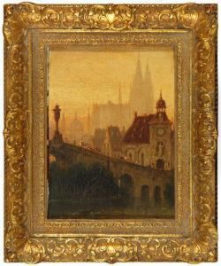 European City Landscape With Figures On A Bridge by Harald Peter W. Schumacher