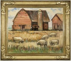 Pigs And Horses In A Farm Scene by Donna Schuster