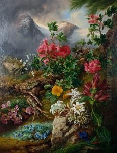Still Life Of Alpine Flowers In Alandscape by Josef Schuster