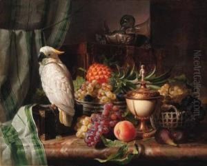 A Cockatoo, Grapes, Figs, Plums,
 A Pineapple, And A Peach Withother Objects On A Marble Ledge by Josef Schuster