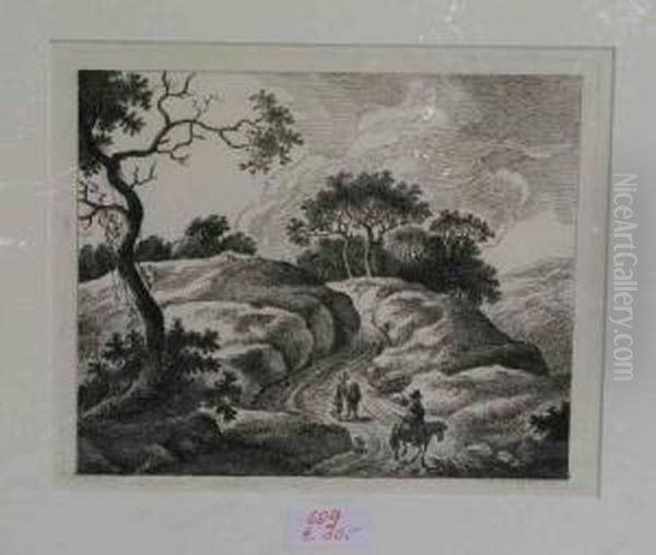 Reiter Und Zwei Wanderer In Hugeliger Landschaft - view 1