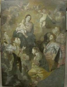The Holy Family Adorned By Female Saints And Angels by Cornelis I Schut