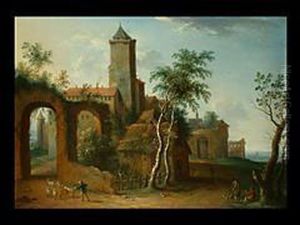 Landschaft Mit Burg Und Figurenstaffage by Franz Schutz