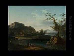 Flusslandschaft Mit Gebauden Und Figurenstaffage by Franz Schutz