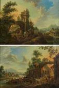 Cavaliers Et Paysans A La Porte D'une Ville, Au Bord D'une Riviere by Johann Georg Schutz