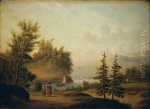 Flusslandschaft Mit Segelbooten Und Figuren.