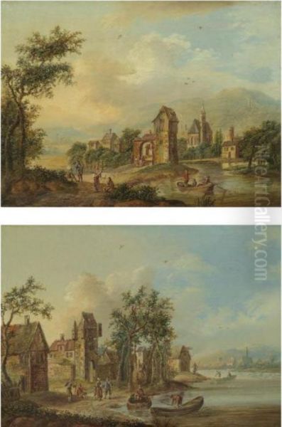 A Pair Of River Landscapes With Travellers On The Left Bank And Figures Boating - view 1