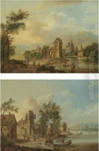A Pair Of River Landscapes With Travellers On The Left Bank And Figures Boating by Christian Georg Ii Schuz