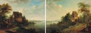 A Wooded River Landscape With A
Muleteer And Two Mules On A Track Outside A Hamlet; And A Wooded River
Landscape With Fishermen In Boats And Travellers On A Track by Christian Georg Ii Schuz