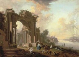 An Architectural 'capriccio' With A Shepherd And A Washerwoman By A River, A Town Beyond