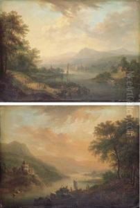 Dawn: A Rhenish River Landscape
With A Stevedore Loading A Boat; And Dusk: A Rhenish River Landscape
With Castle On A Hill by Christian Georg Ii Schuz