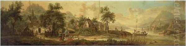 Schutz The Elder, An Extensive
River Landscape With Travellers On A Path In A Village And Figures In A
Sailing Boat To The Right - view 1