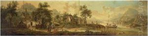 Schutz The Elder, An Extensive
River Landscape With Travellers On A Path In A Village And Figures In A
Sailing Boat To The Right by Christian Georg Ii Schuz