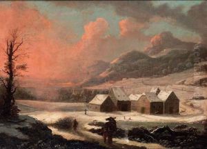 A Winter Landscape With Farms At Sunset by Christian Georg Ii Schuz
