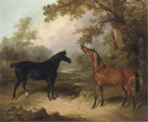 A Black Horse And A Chestnut Horse In An Oak Wood by Charles Henry Schwanfelder