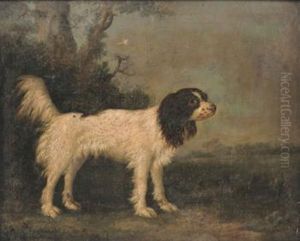 A Liver And White King Charles Spaniel In Alandscape by Charles Henry Schwanfelder