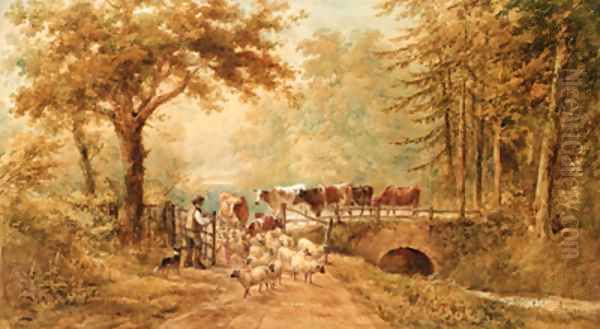 A shepherd driving cattle and sheep over a bridge in a wooded landscape - view 1