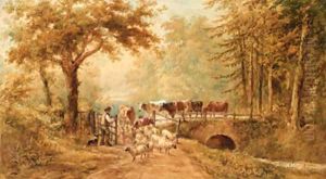 A shepherd driving cattle and sheep over a bridge in a wooded landscape by Henry Earp