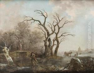 A Winter Landscape With A Man 
Walking His Dogbeside A Frozen River With Skaters And A Windmill Beyond by Hendrick Willelm Schweickhardt
