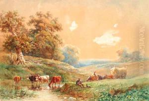 Figures with a horse and cart and cattle watering by a stream by Henry Earp